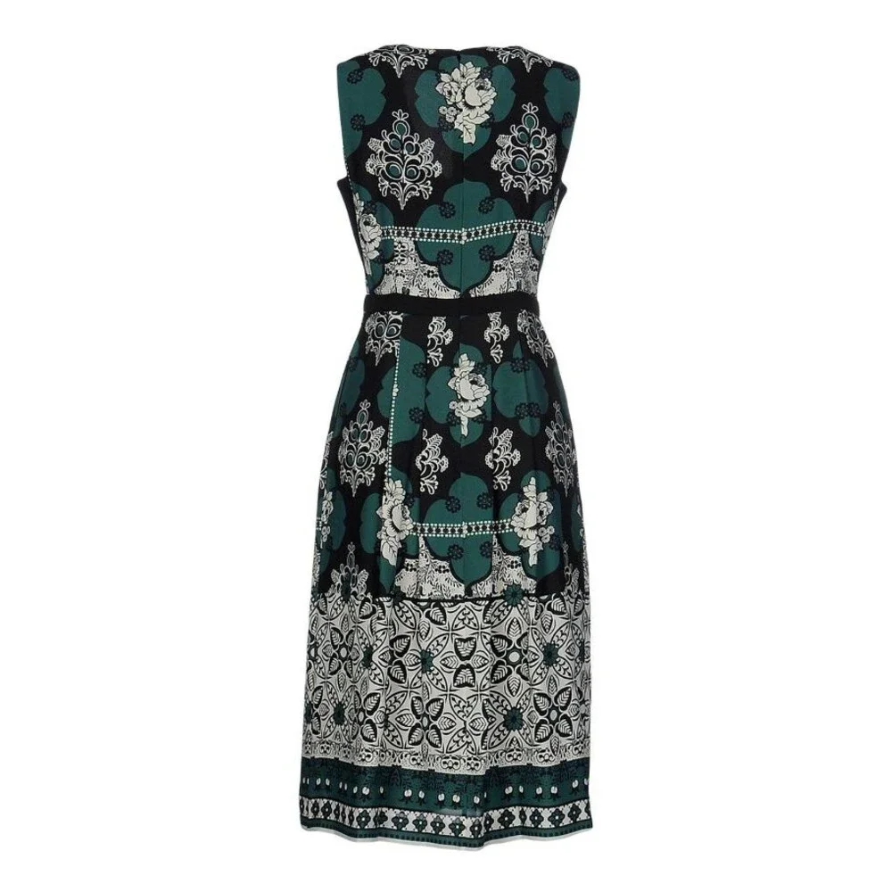 Pedro del Hierro Black Green Floral Printed A-line Sleeveless Midi Dress Sz L - Picture 2 of 16
